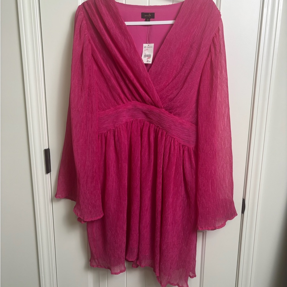 Magenta Wrap V-Neck Long Sleeve Dress